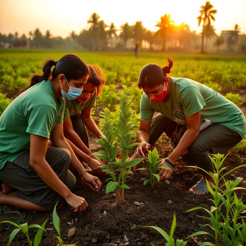 Volunteers planting saplings together in a field